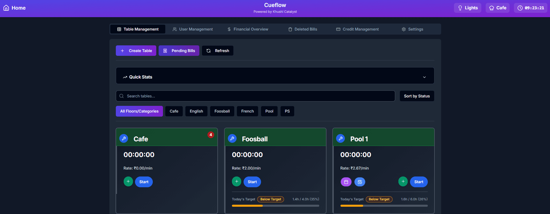 CueFlow Snooker Management Software Light Mode