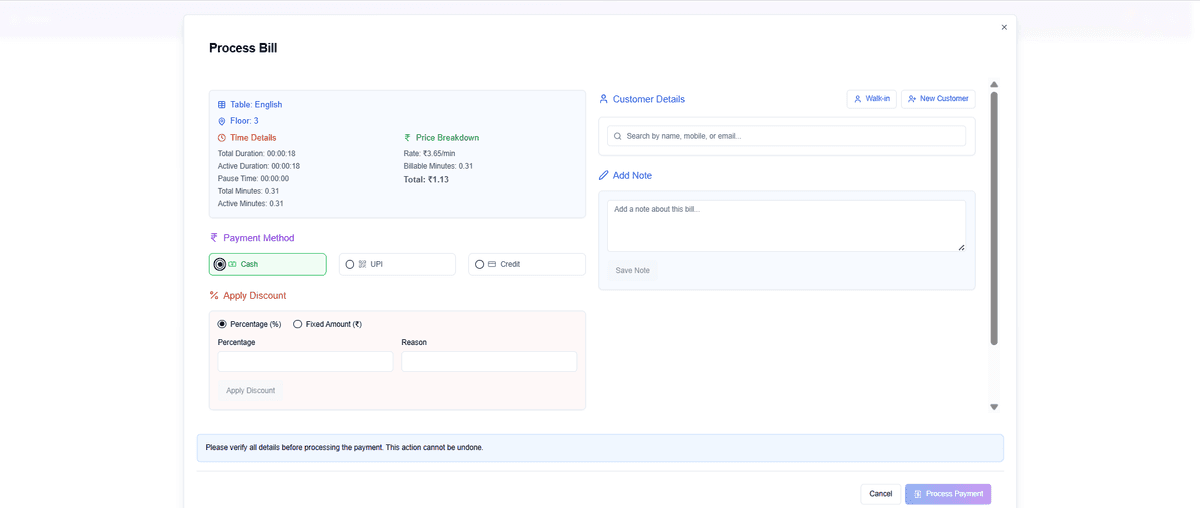 Snooker Club Billing System - Automated payment processing and customer management