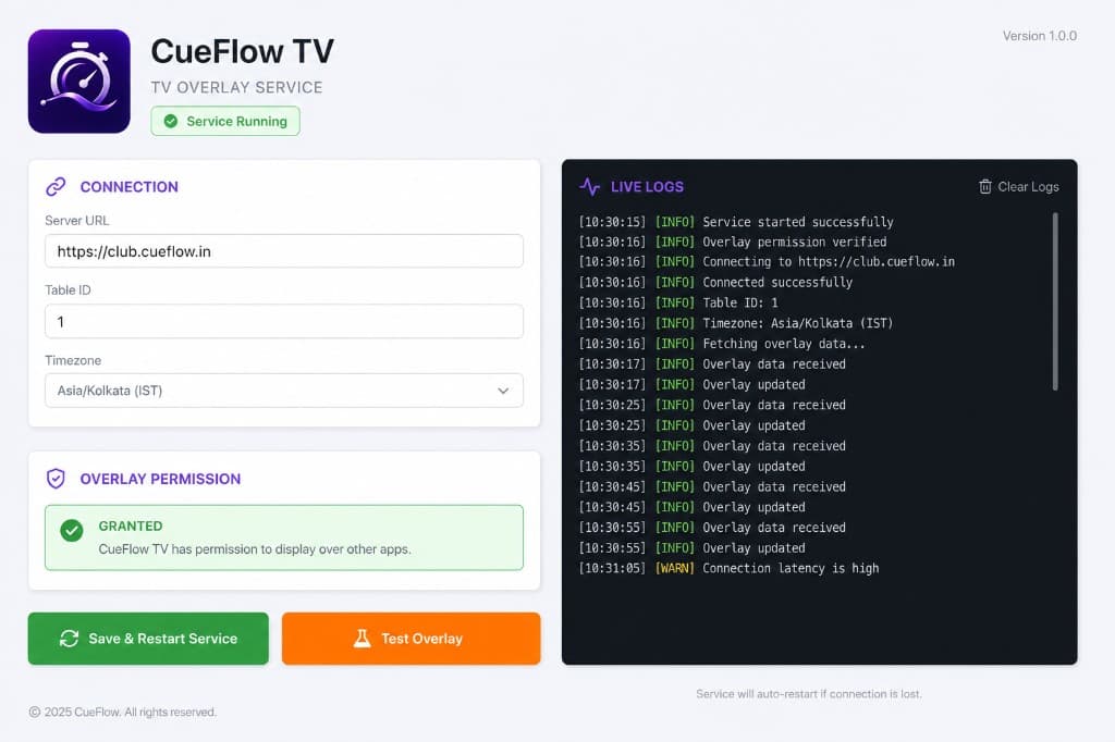 CueFlow TV connection + overlay permission screen