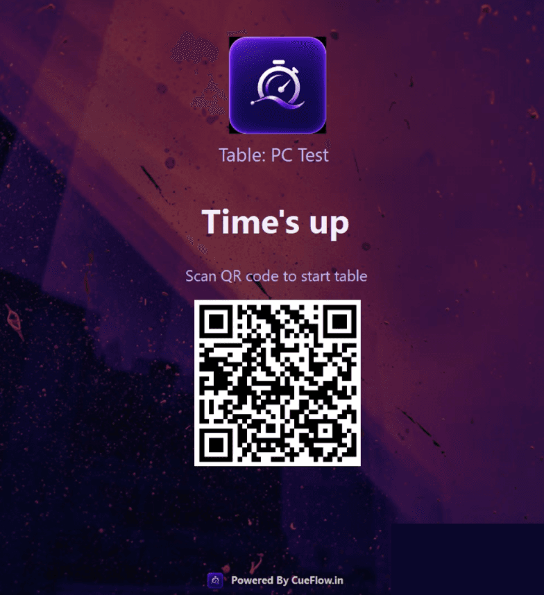 CueFlow PC Agent Time's up lock screen with QR code