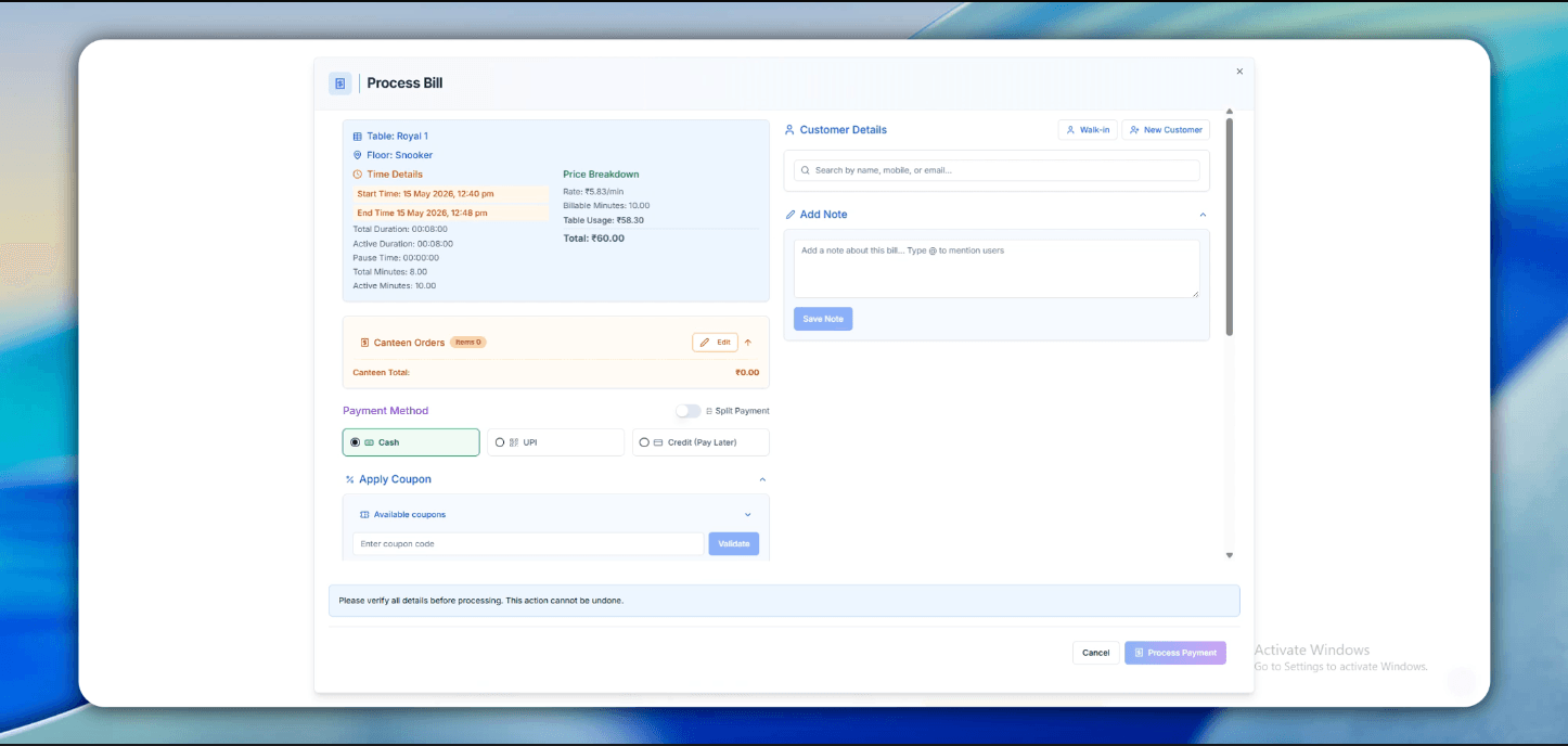 Process Bill — Snooker Table Billing Software Process Bill — Snooker Table Billing Software